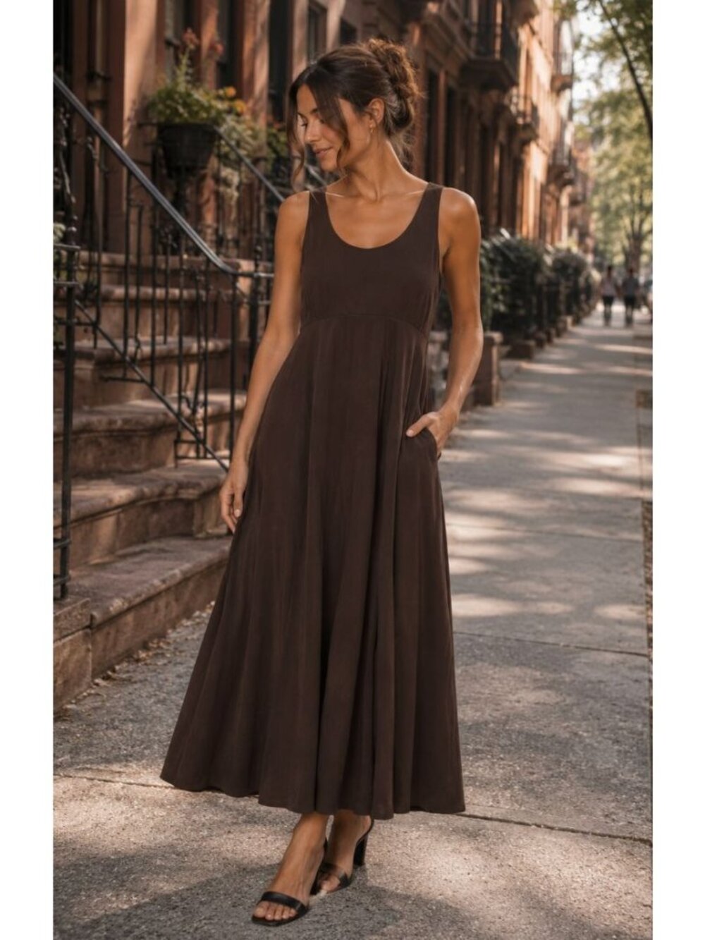 NWT Rachel Zoe Brown Sleeveless Maxi Dress with Pockets Empire Waist XS Satin